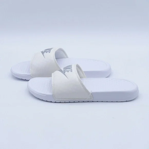 NEW Nike Benassi JDI Swoosh Slide Sandals 343881-102 White/Silver - Picture 3 of 8